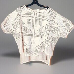 Chico's Mesh Top L XL Crochet Lace Ivory Boho Blouse Oversized Cotton Poly Beach